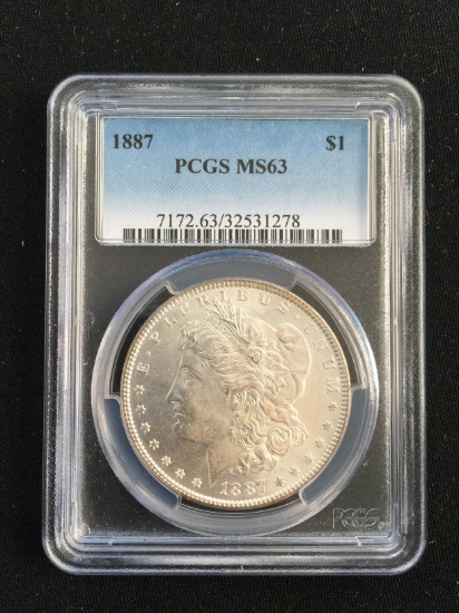 PCGS Graded 1887 United States Morgan Silver Dollar - 90% Silver Coin - MS63