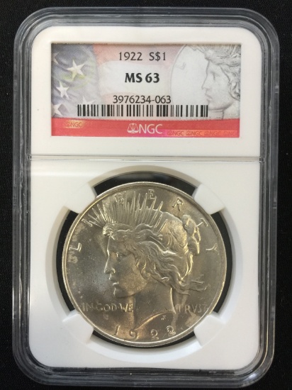 NGC Graded 1922 United States Silver Peace Dollar - 90% Silver Coin - MS63