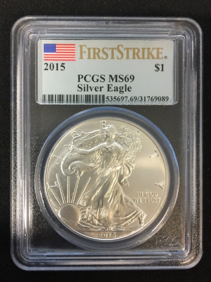 First Strike US 2015 American Silver Eagle Dollar PCGS MS69 1 Ounce .999 Silver Coin