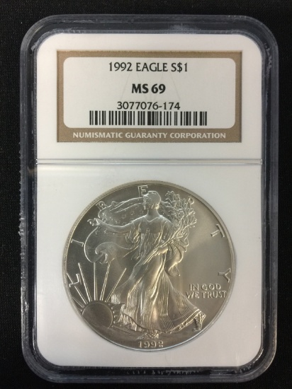 NGC Graded 1992 US American Silver Eagle Dollar 1 Ounce .999 Silver Bullion Coin MS69