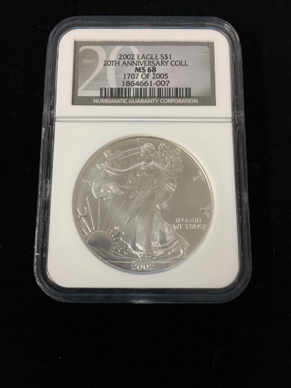 2002 U.S. 1 Troy Ounce .999 Fine Silver American Eagle Bullion Coin - 20th Anniv. - NGC MS68