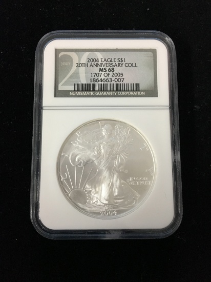2004 U.S. 1 Troy Ounce .999 Fine Silver American Eagle Bullion Coin - 20th Anniv. - NGC MS68