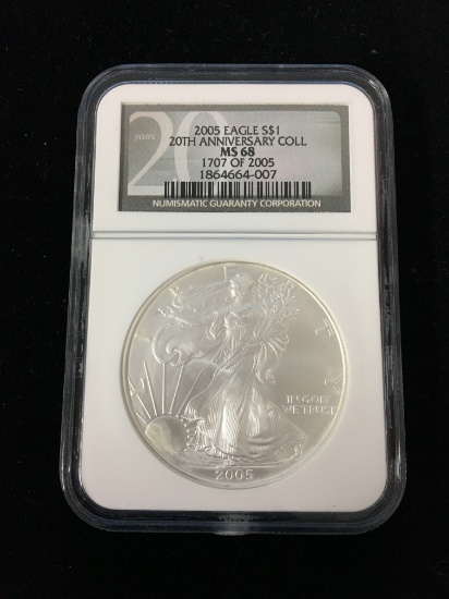 2005 U.S. 1 Troy Ounce .999 Fine Silver American Eagle Bullion Coin - 20th Anniv. - NGC MS68
