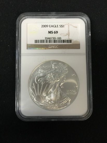 NGC Graded MS69 2009 American Silver Eagle 1 Ounce .999 Fine Silver Coin