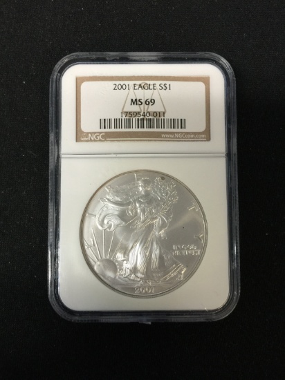 NGC Graded MS69 2001 American Silver Eagle 1 Ounce .999 Fine Silver Coin