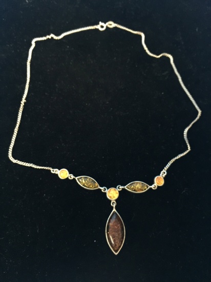 Multi Colored Amber Sterling Silver 17" Necklace