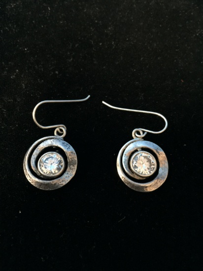 Modernist Israel Sterling Silver & Cubic Zirconia Dangle Earrings