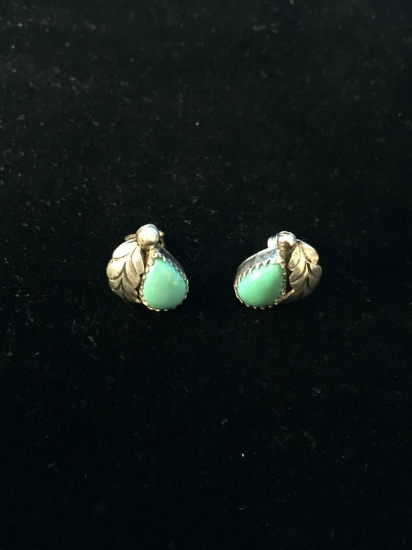 Old Pawn Native American Sterling Silver & Turquoise Leaf Earrings