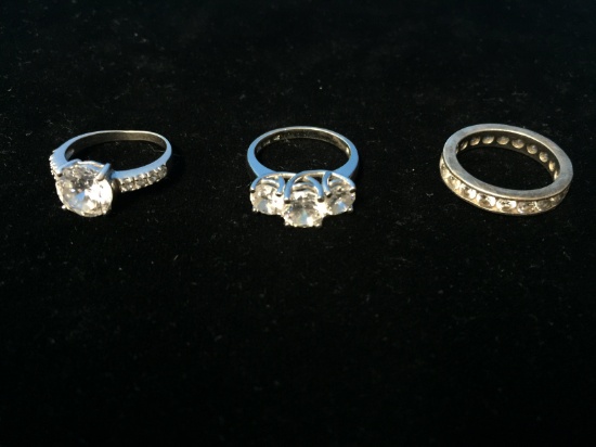 3 Sterling Silver Rings W/ Cubic Zirconia