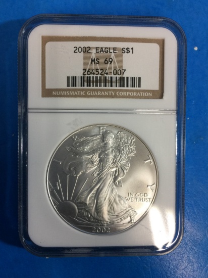 NGC Graded MS69 2002 American Silver Eagle 1 Ounce .999 Fine Silver Coin