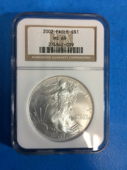 NGC Graded MS69 2002 American Silver Eagle 1 Ounce .999 Fine Silver Coin