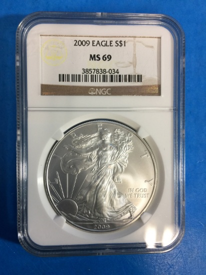 NGC Graded MS69 2009 American Silver Eagle 1 Ounce .999 Fine Silver Coin