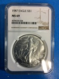 NGC Graded MS69 1987 American Silver Eagle 1 Ounce .999 Fine Silver Coin