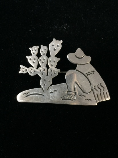 Carved Sterling Silver Siesta Cactus Brooch Pin