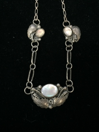 20" Native American Sterling Silver & Mother of Pearl Leaf Necklace
