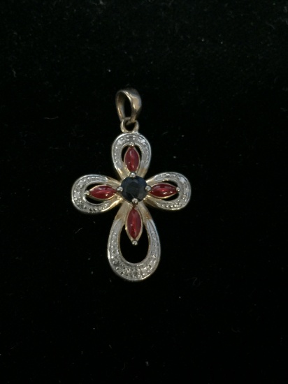 Sapphire & Diamond Sterling Silver Cross Pendant W/ Red Enamel
