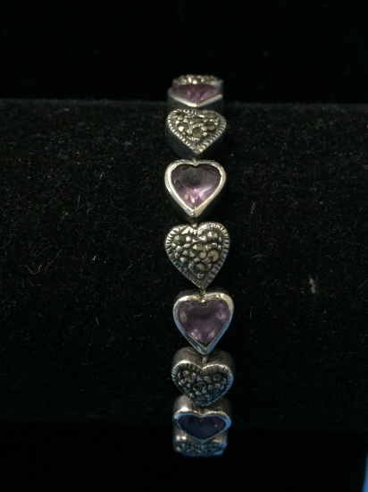 6.5" Heart Linked Sterling Silver Tennis Bracelet - Amethyst & Marcasite Gemstones