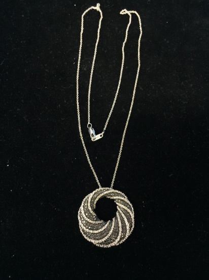 Black & White Diamond Swirl Cluster Large Pendant W/ 18" Sterling Necklace