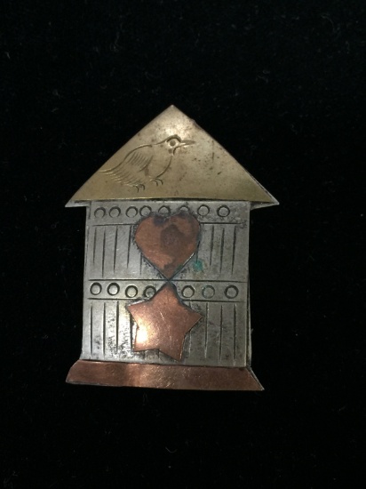 Mixed Metals Sterling Silver, Copper, & Brass House Brooch Pin
