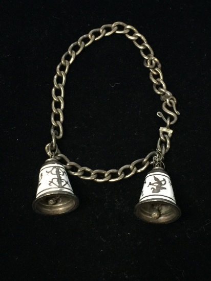 7" Siam Sterling Silver & Enamel Bell Charm Chain Bracelet - 19 Grams