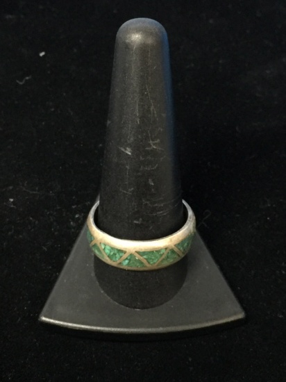 Old Pawn Sterling Silver & Turquoise Chip Inlay Ring Band - Size 12