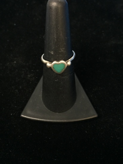 Old Pawn Native Sterling Silver & Turquoise Heart Ring - Size 7