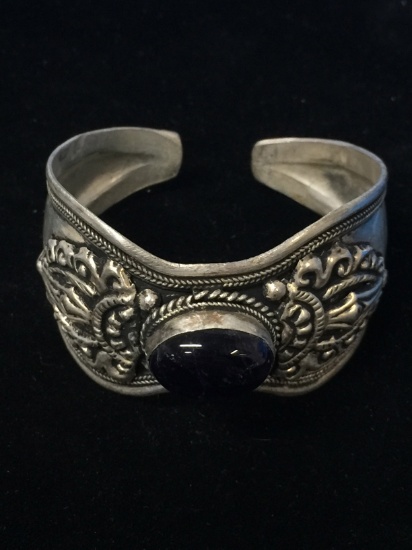 Vintage Nickel Silver & Cabachon Amethyst Large Cuff Bracelet