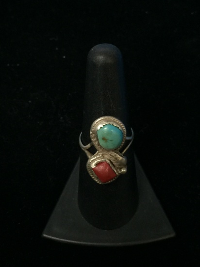 Old Pawn Native American Sterling Silver Ring W/ Turquoise & Red Coral - Size 7