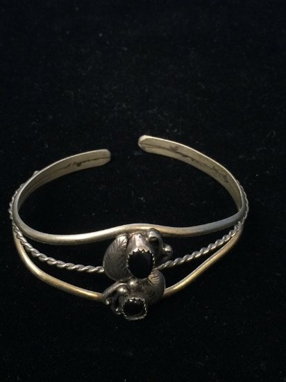 Old Pawn Native American Sterling Silver & Onyx Cuff Bracelet