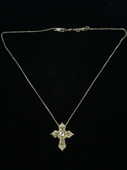 Sterling Silver & CZ Cross Pendant W/ 20" Sterling Necklace