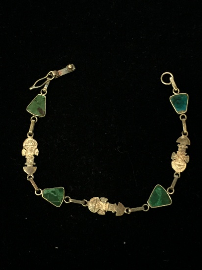 Old Pawn Aztec Sterling Silver & Green Turquoise Chain Bracelet - 7.5"