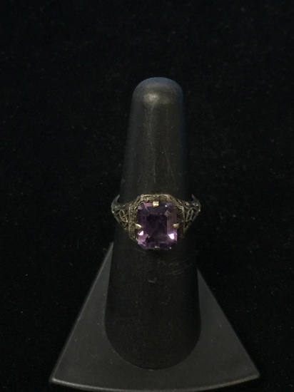 Vintage Edwardian Cut Sterling Silver Amethyst Ring - Size 5.75