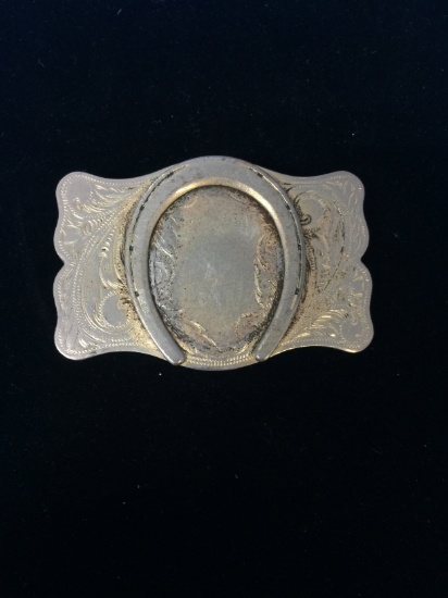 Vintage Silver Tone Belt Buckle with Horseshoe