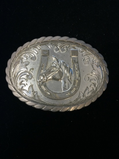 Vintage Silver Tone Belt Buckle with Horse & Horseshoe Etched Design