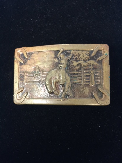 Vintage Brass Belt Buckle with Cowboy On Bucking Bronco