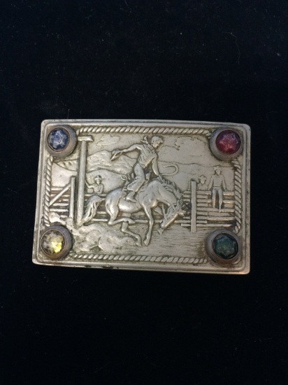 Vintage Silver Tone Belt Buckle with Cowboy On Bucking Bronco Horse