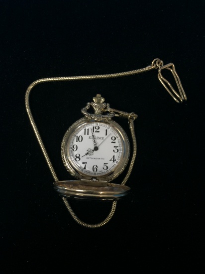 Elegance Gold Tone Pocket Watch with US Constitution Scene & Chain
