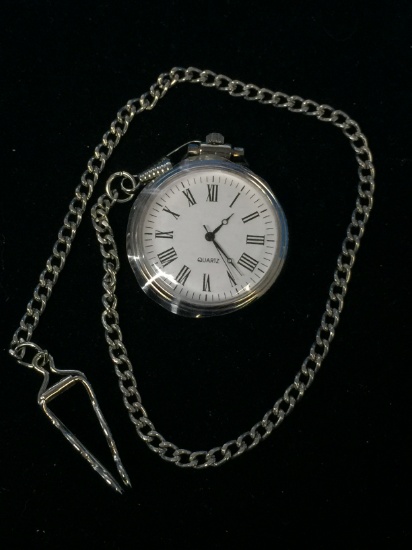 Silver Tone Quartz Pocket Watch with Chain