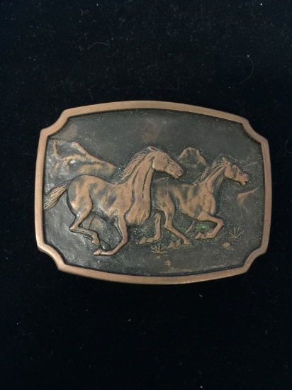 Vintage Copper Tone Belt Buckle with Wild Horses Running