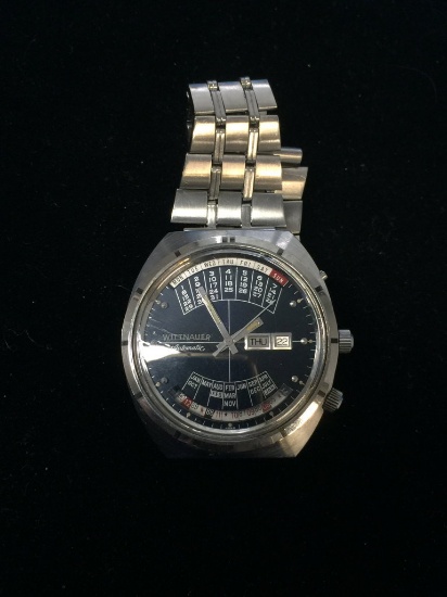 Wittnauer Automatic Perpetual Calendar Face Silver Tone Watch - Runs - Band Needs Repair