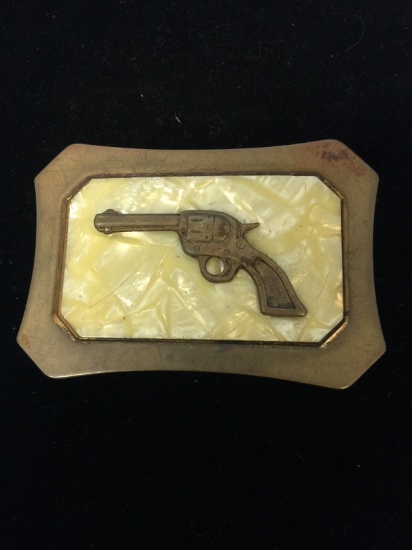 Vintage Brass Tone Belt Buckle with Revolver