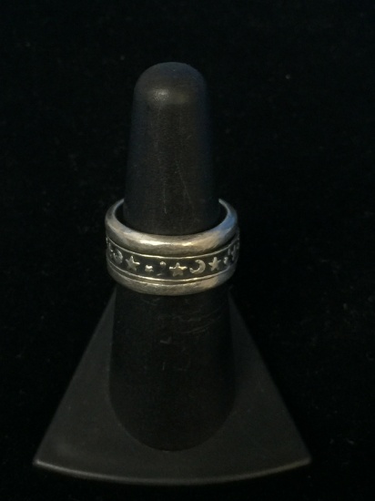 Mexico Sterling Silver Double Band Moon & Star Ring - Size 7