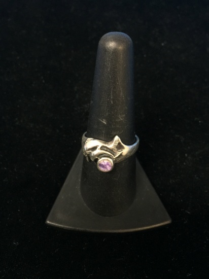 Sterling Silver & Purple Gemstone Dolphin Ring - Size 8.5