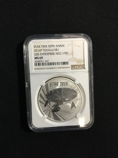 NGC MS69 Star Trek 2016-P Tuvalu S$1 USS Enterprise 1 Ounce .999 Fine Silver Bullion Coin