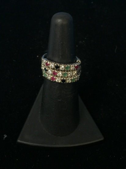 Emerald, Ruby, & Sapphire Sterling Silver Triple Ring Band - Size 6