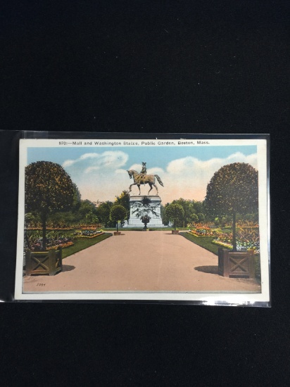 Vintage Unused Postcard - 1930's-20's Mail and Washington Statue, Public Garden, Boston, Mass.