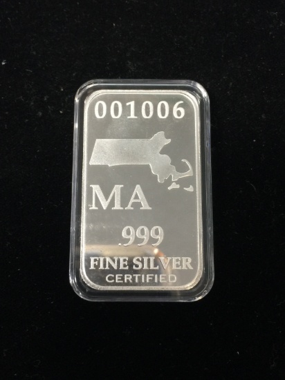 1 Troy Ounce .999 Fine Silver Bar from United States Fine Silver Bar Set - MASSACHUSETTS