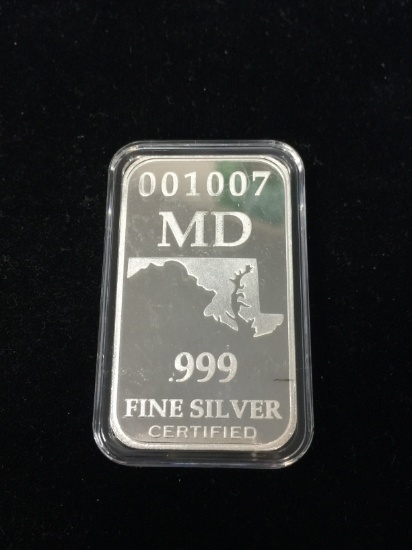 1 Troy Ounce .999 Fine Silver Bar from United States Fine Silver Bar Set - MARYLAND