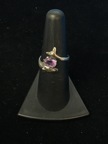 Amethyst Sterling Silver Dolphin Ring - Size 6.75