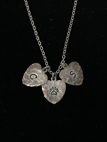 Designer Signed Sterling Silver 17" Necklace W/ Hammered Heart Pendants